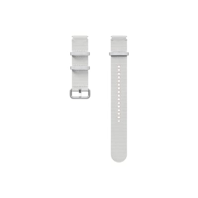 Samsung Watch7 Athleisure Band i sølv, størrelse M/L, vist i to dele med spænde og justeringshuller.