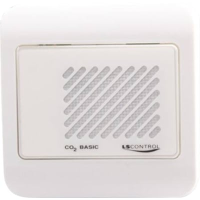 Nærbillede af LS Control CO2 Sensor ES999 basic, viser det hvide kabinet og mærket LS CONTROL tydeligt.