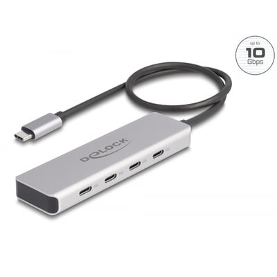 Sølvfarvet DeLock USB-hub med fire USB-C-porte, fast kabel og USB-C-stik til dataoverførsel på op til 10 Gbps.