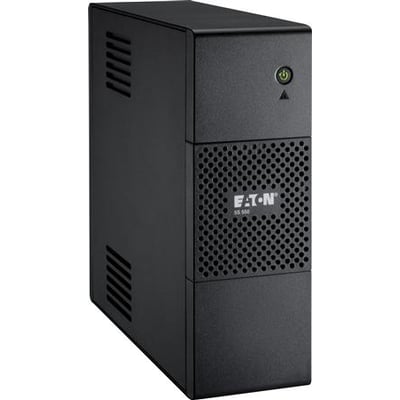 Sort Eaton 5S550I tower-UPS på 550 VA/330 W set skråt forfra med ventilationsåbninger og tænd/sluk-knap.