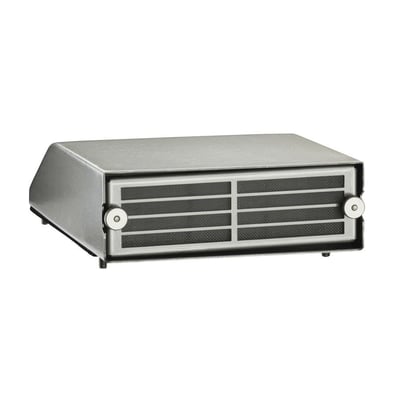 Schneider Electric beskyttelseslåg 125x125 mm i rustfrit stål med ventilationsgitter og synlige nitter.