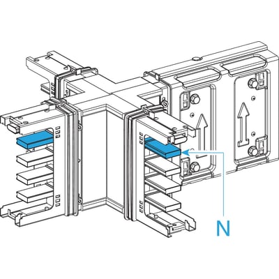 Schneider Electric krydselement flange KSA400DXC40 til 400A skinnerør, med indsatser fremhævet i blåt. Produktet har IP55-klassificering.