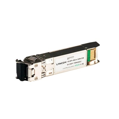 SFP modul med LC-stik til multimode fiber, 10 Gbps hastighed og modelbetegnelse "LANCOM 10G SFP+ 850m DOM".