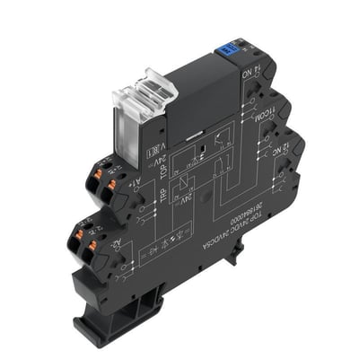 Weidmüller solid-state relæ til 24 V DC, set skråt forfra med sorte terminaler, orange klemmer og gennemsigtigt dæksel.