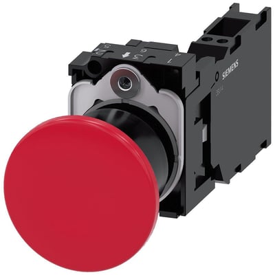 Siemens Sirius Act 22 mm paddetrykknap i rød, 40 mm diameter med 1NO 1NC kontakter og låsemekanisme.