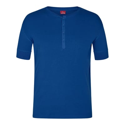 Engel T-shirt i blå farve og størrelse S, med rund hals og knaplukning foran, kort ærme.