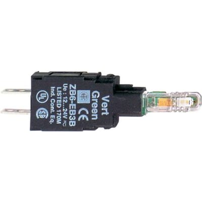 Schneider Electric Harmony Style 6 lampekrop ZB6EB3B i rød med LED-indikator. Enheden har UL- og CE-mærkning og tilslutningsstik.
