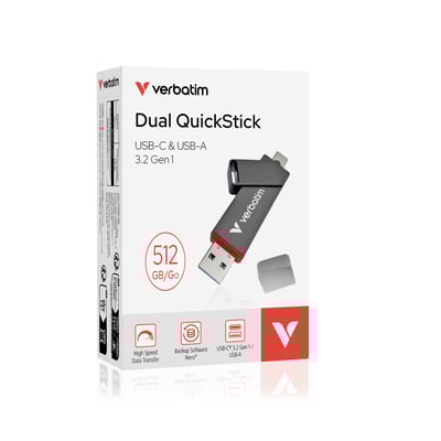 Verbatim Dual QuickStick USB-A/C 3.2 Gen1 512GB sort emballage med produktbilleder og specifikationer.