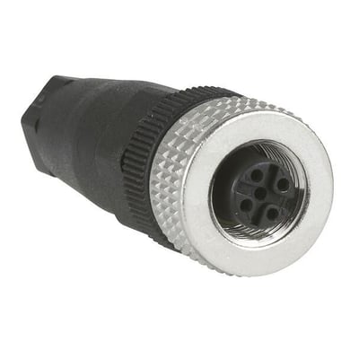 Lige 4-polet M12-hunstik fra Telemecanique Sensors, model XZCC12FDM40BJ, med sort kabeldel og sølvfarvet gevindfront.