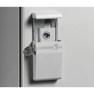 Rittal låsecylinder til AE SZ skab i grå metal med en nøgle isat, viser den solide konstruktion.