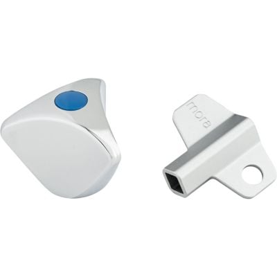 Mora Garden II metalgreb med blå knap og en 8 mm firkantet nøgle med Mora logo på hvid baggrund.