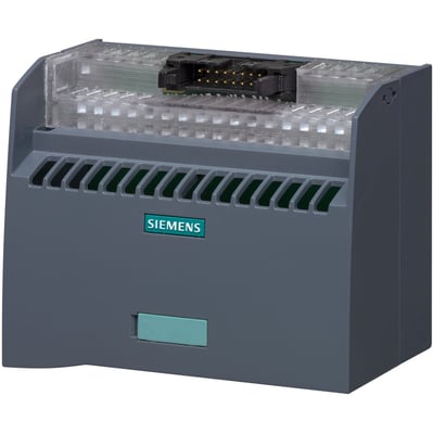 Siemens Terminalblok TP3 med 8 kanaler og 2x10 terminaler for potentiale, grå med grøn trykknap og synlig IDC-tilslutning.