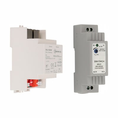 SpectrumLED trådløs Tuya DALI-gateway med 24 V DIN-strømforsyning, vist som to lyse DIN-moduler ved siden af hinanden.