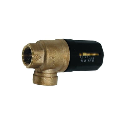 Vaillant bypass ventil i messing med 3/4" gevind og sort justeringsring med skala på hvid baggrund.
