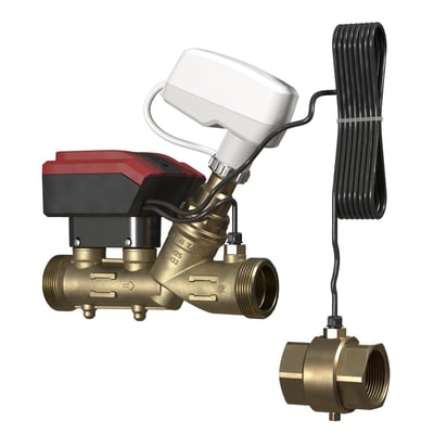 IMI TA reguleringsventil DN40/2 TA-SMART med ultralydsflowmåling, 2-vejs elektronisk styret messingventil med sort og rød styreenhed og hvid kappe.