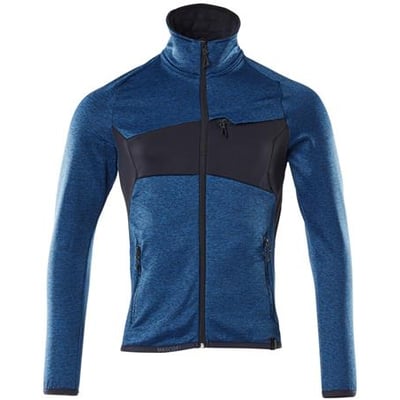 Mascot fleecetrøje i azurblå/mørk marine, str. 5XL, med moderne pasform, lynlåslukning og sorte paneler.