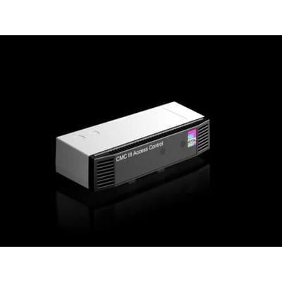Rittal CMC III Access Control enhed med grå kabinet og ventilationsåbninger på fronten, præsenteret på sort baggrund.