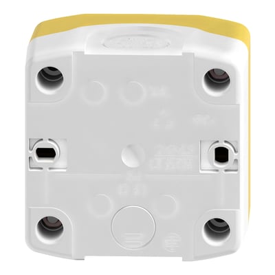 Undersiden af Schneider Electric nødstopkasse i gul og hvid plast med monteringshuller og IP65-klassificering.
