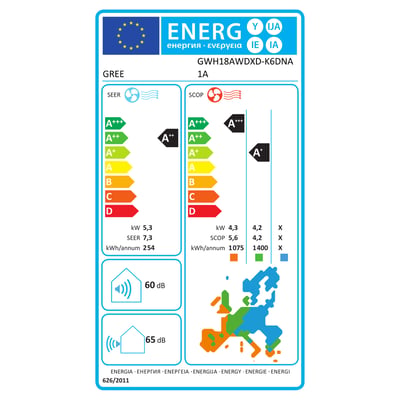 Energimærkat for den hvide, væghængte GREE COSMO 18K-inddel med energiklasser og forbrugsoplysninger.