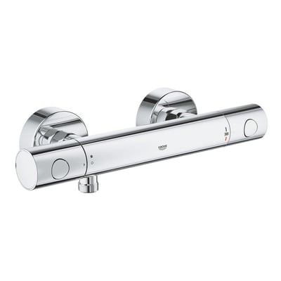 Grohe Quickfix Precision Get termostatbatteri til brus i krom, med to greb og indikator for 38° C, elegant og blank overflade.