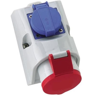 Cee kombi / DK udtag, 16A, 400V, 5-polet model H6, med blå og rød beskyttelsesklap for tilslutning.