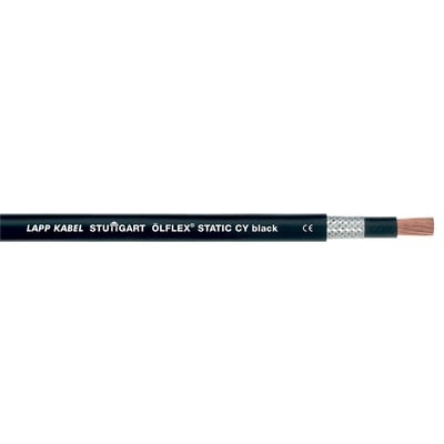 Lapp OLFLEX STATIC CY sort kabel med tydelig markering 'LAPP KABEL STUTTGART ÖLFLEX STATIC CY black' og CE-mærke, vist med afskåret ende, der viser kobberleder og flettet skærm.