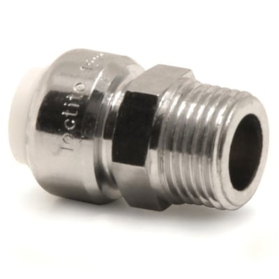 VSH Tectite overgangsnippel i krom, 15 mm x 3/8", set skråt med gevindenden og den glatte tilslutning synlige.