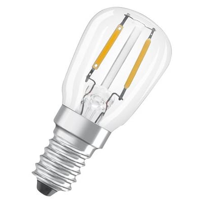 Osram LED T26 køleskabspære filament med klar glas og E14 sokkel, viser dens kompakte størrelse og filament-design.