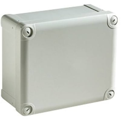 Schneider Electric Thalassa TBS ABS-kasse med gråt låg, dimensioner 116x74x62 mm, vist fra siden med tydelige skruehuller og afrundede hjørner.