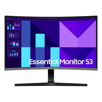 Samsung S27D392Gau sort 27-tommers Full HD-skærm set forfra med bred skærm, fod og farverig grafik.