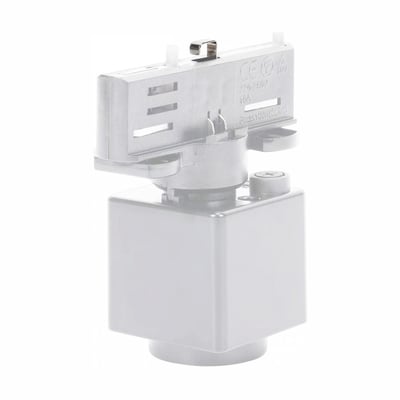 Hvid SpectrumLED SPS2 Slim-adapter til 3-faset skinne med stikdåse, vist skråt forfra.