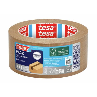 Tesa tesapack Ultra Strong Paper pakketape på rulle med brun tape, 50 mm bred og 25 meter lang.