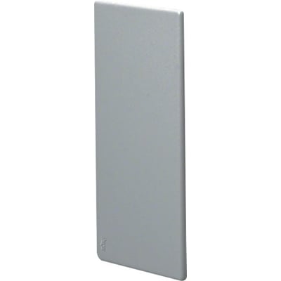 Hager endestykke ELN til BRAP installationskanal i grå aluminium, 65 x 170mm, set forfra med synligt logo nederst.