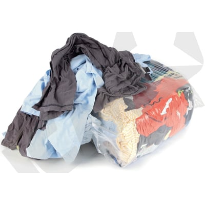 10 kg pose med kulørte tricotklude, primært fremstillet af bomulds T-shirts og sweatshirts, skåret i cirka 40x40cm størrelser.