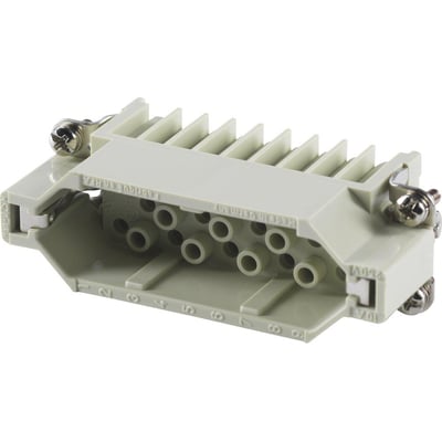 Nærbillede af Harting Han D stikindsatsen, der viser de 25 monteringshuller for klemmer og markeringer for strøm og kabelstørrelse.