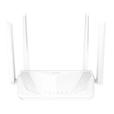 Hvid D-Link S15/E AX1500 trådløs router med Wi-Fi 6 og fire opretstående antenner set forfra.
