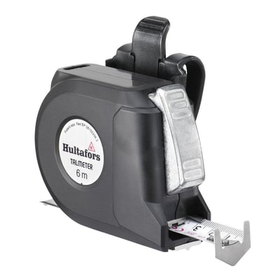 Hultafors talmeter med 6m og 25mm bånd i sort ABS plasthus med metalclips og udtrækkeligt målebånd.