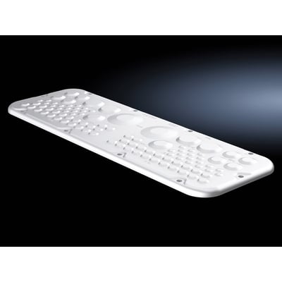 Isoleret Rittal plastflangeplade med membraner, størrelse 6, fremhævet med lys og skygge på en mørk baggrund.