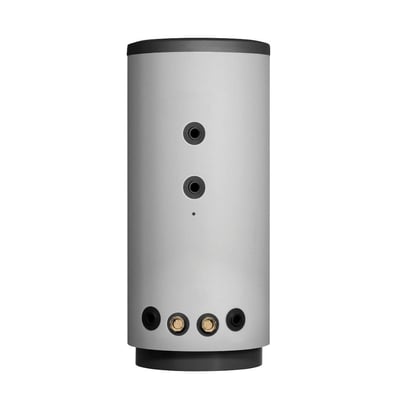 Metroaqua 300/200 kappebeholderens front med tilslutningsmuligheder til varmepumpe, viste 300 liters brugsvandstank.