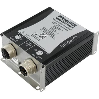 Murrelektronik EMPARRO67 strømforsyning, 1-faset, 100-240Vac input, 24Vdc/4A output, IP67-klassificeret med metalchassis og tilslutningsstik.