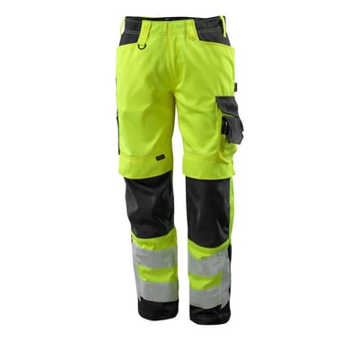Bagfra visning af Mascot Kendal Hi-Viz bukser i gul og sort, fremhæver baglommer og refleksdetaljer med høj synlighed.