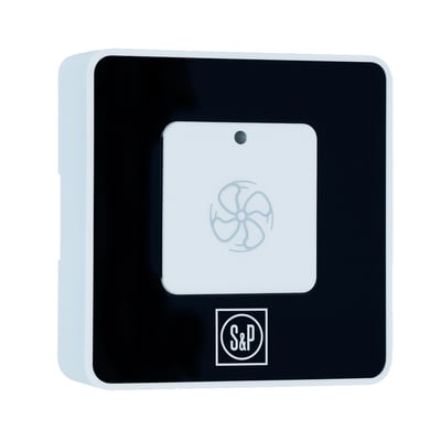 Thermex boost-knap til Narah Ø160 med hvid betjeningsflade, ventilatorsymbol og sort front med S&P-logo.