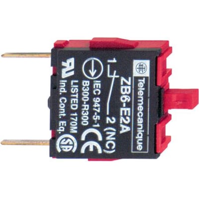 Schneider Electric ZB6-E2B Telemekanique kontaktelement med 2 poler (NC) og tydelige mærkninger som UL, CE og IEC godkendelser.