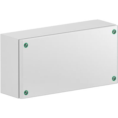 Schneider Electric klemkasse i stål, 150x300x80mm, RAL 7035, med synlige monteringsskruer og IP66, IK10 rating.
