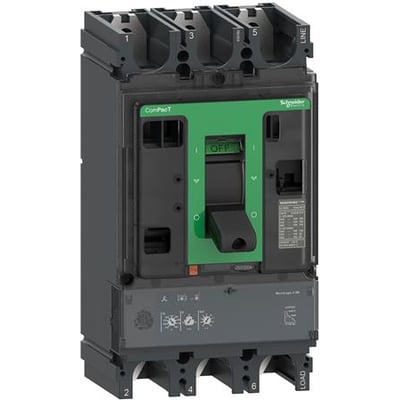 Schneider Electric ComPacT NSX630R 3-polet maksafbryder med 500A mærkestrøm og grønt betjeningsgreb i "OFF" position.