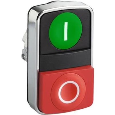 Nærbillede af Schneider Electric dobbelt trykknap, viser den krombelagte frontring, rød og grøn knap med markeringer, Ø 22 mm.