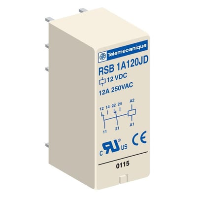 Lysegråt Telemekanique RSB 1A120JD stikbensrelæ med 12 VDC, 12A 250VAC mærkning og diagram, CE og UL/CSA mærker.