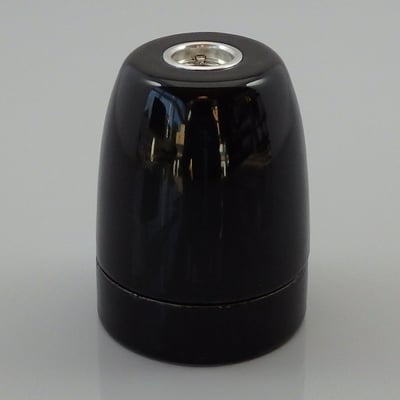 Lauritz Knudsen sort porcelænsfatning E27 med M10 gevind, glat overflade og klassisk design, vist isoleret på grå baggrund.