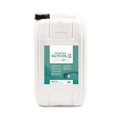 Earthcare monopropylenglykol med 40 % koncentration i en hvid dunk med grønt mærkat og sort skruelåg, 25 l.