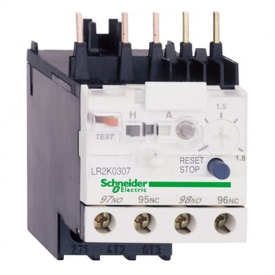 Schneider Electric TeSys K termorelæ LR2K0307, 8-11,5A, med 1 NO og 1 NC kontakt, vist fra front med justeringsknap og testfunktion.